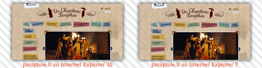 parapluie.it visto da IE10 (rilasciato nel 2012) e IE7 (rilasciato nel 2006)